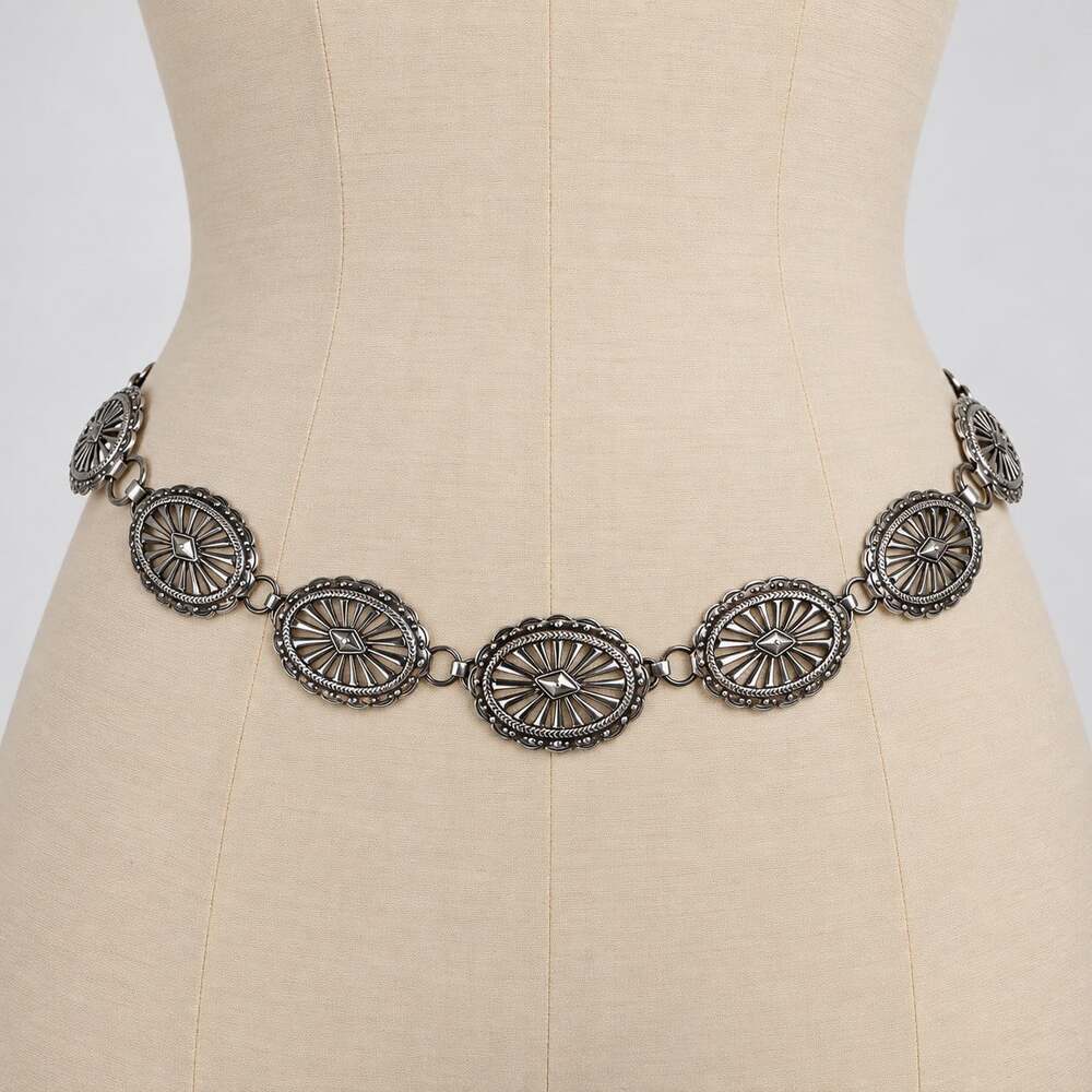 Vintage Y2K Silver Concho Chain Belt Womens Adjustable Western Sunburst 48"